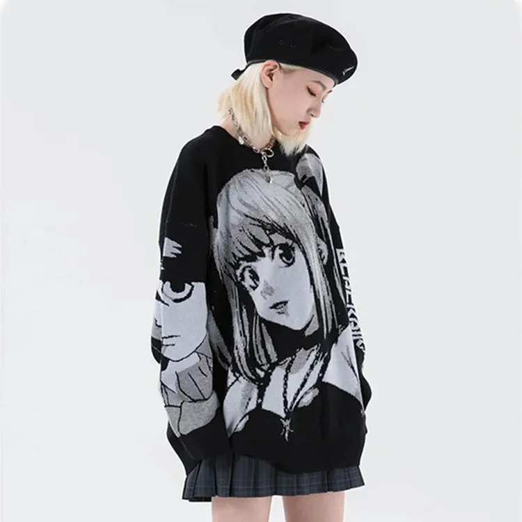 Chic Anime Girl Letter Print Knit Sweater - Casual Fashion