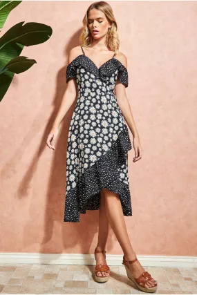 City Goddess Cold Shoulder Midi Wrap Dress