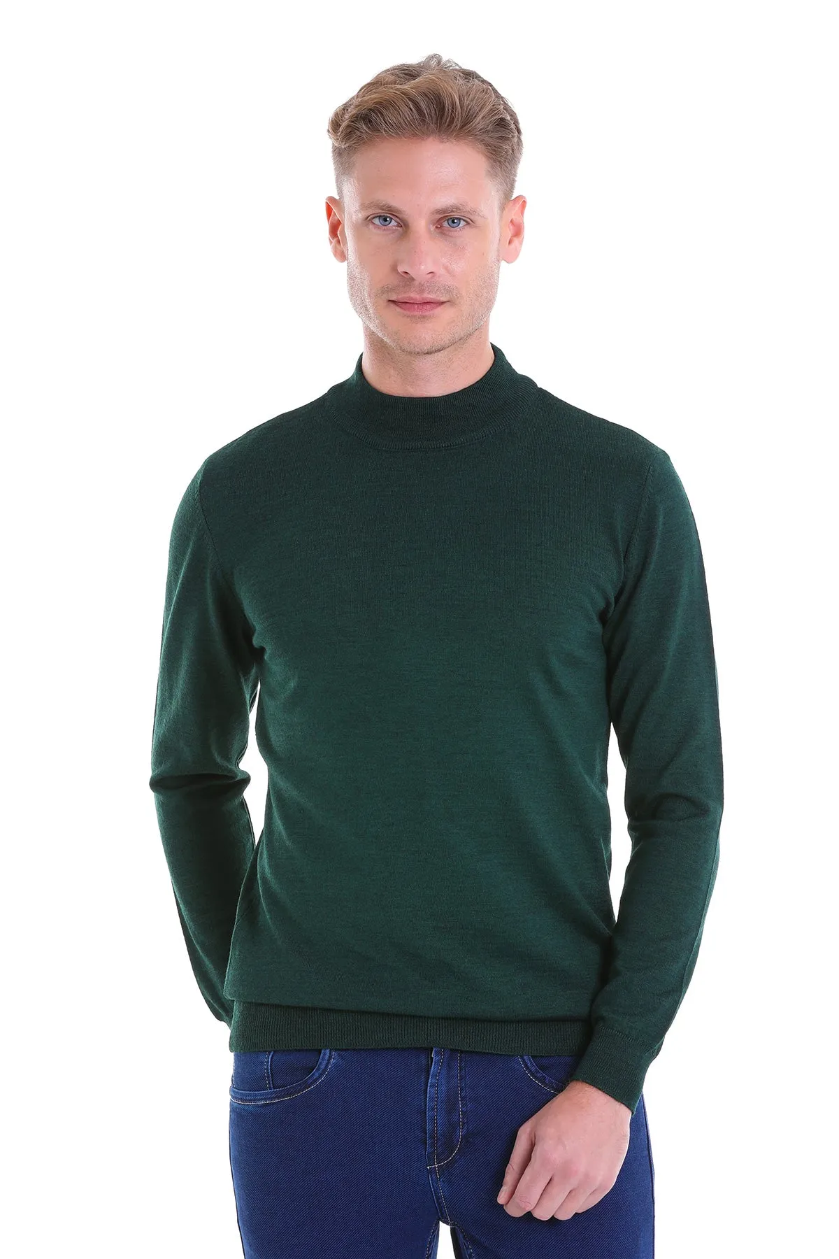 Comfort Fit Wool Blend Green Mock Neck Sweater