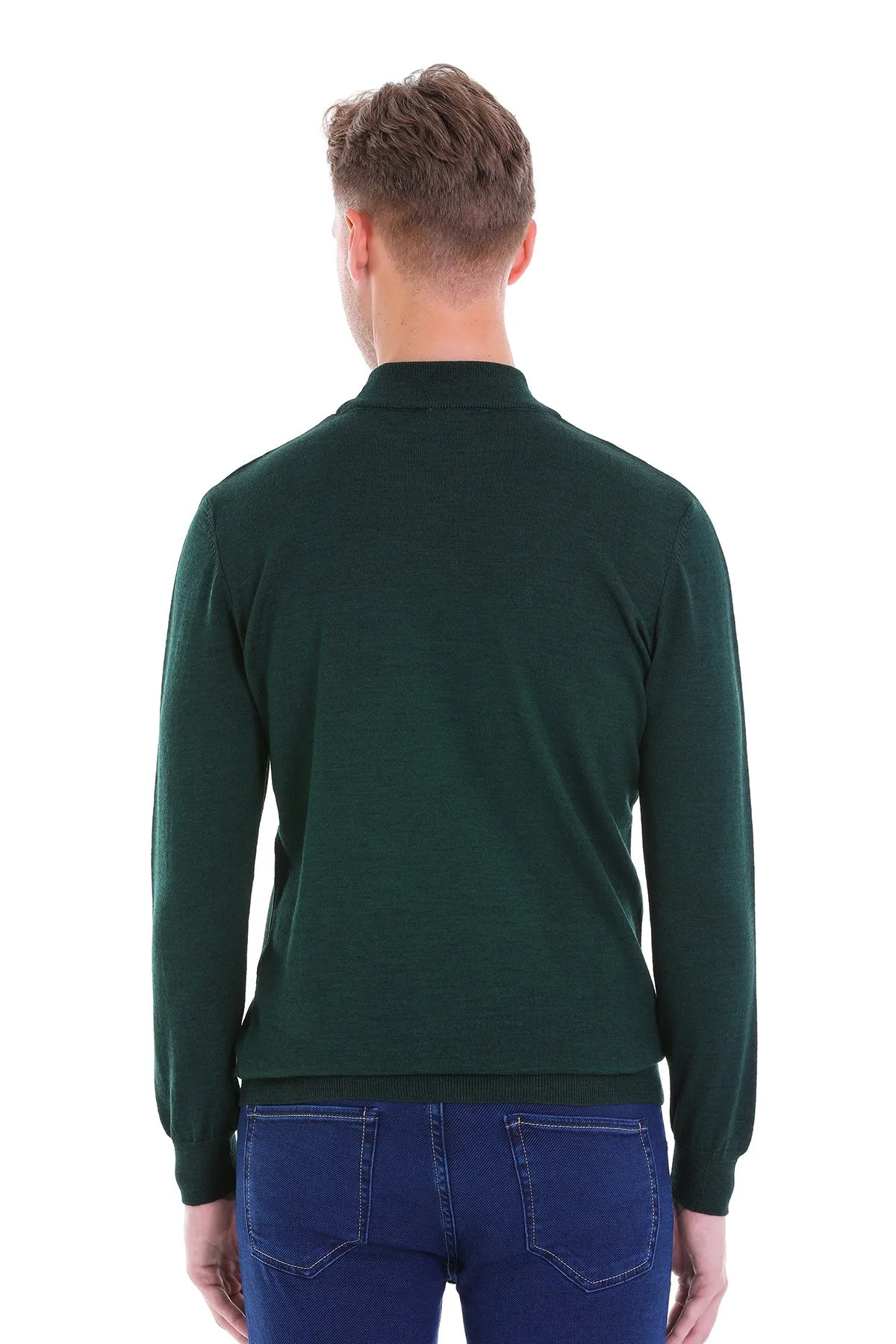 Comfort Fit Wool Blend Green Mock Neck Sweater