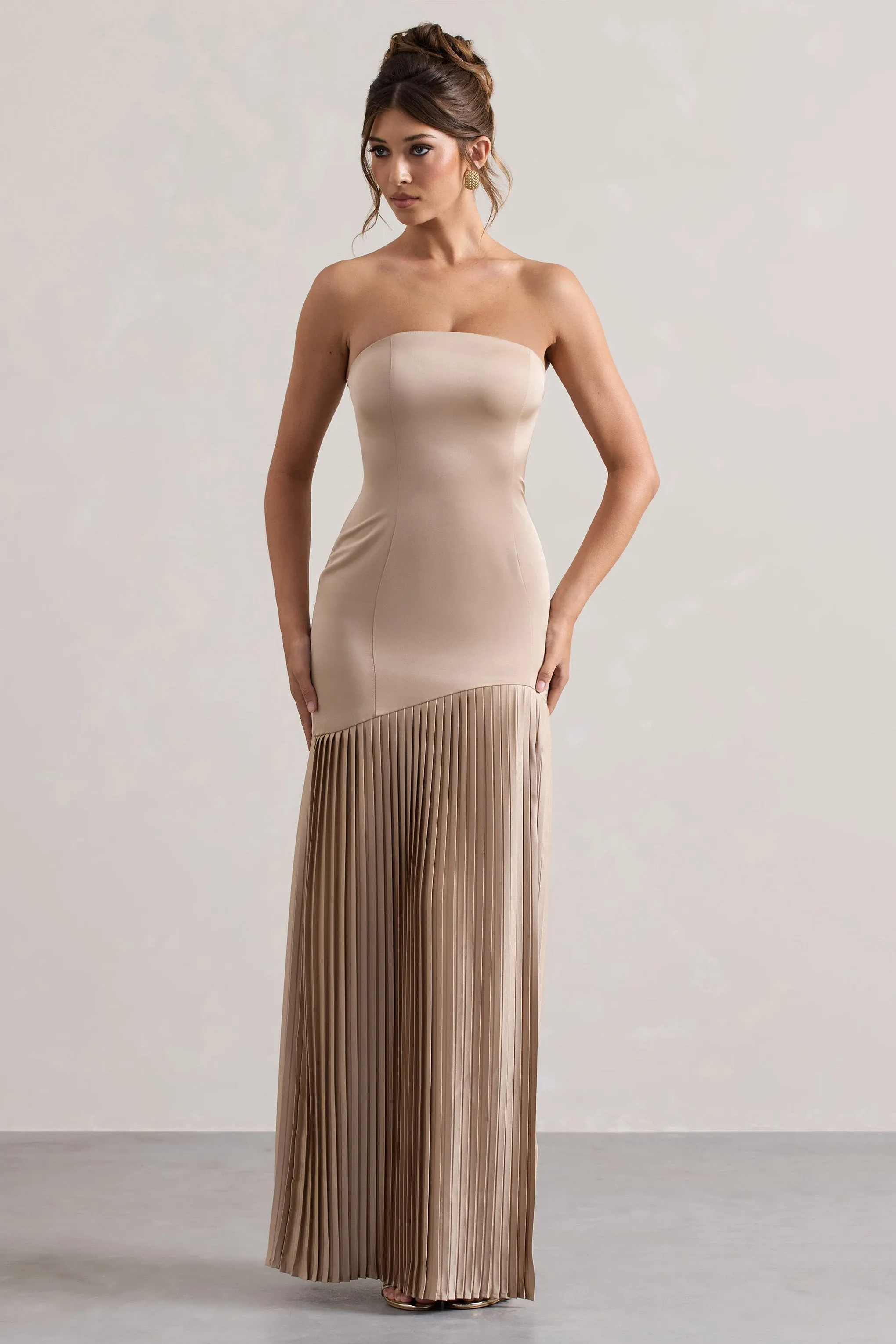 Confidence | Champagne Satin Bandeau Pleated Split Maxi Dress