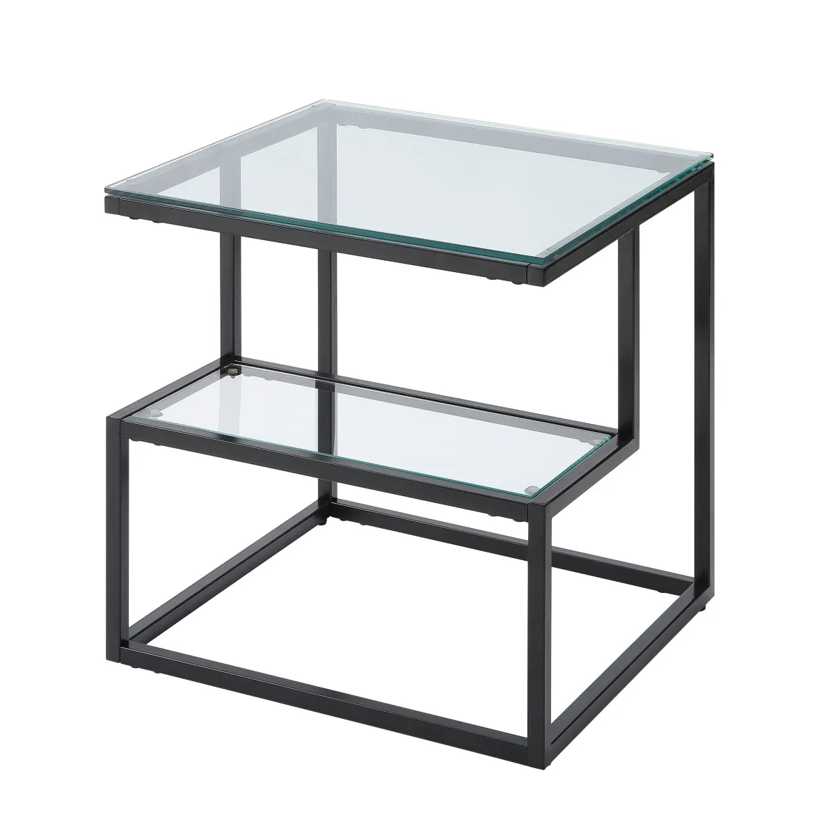 Contemporary Glass & Black Metal End Table with Geometric Frame