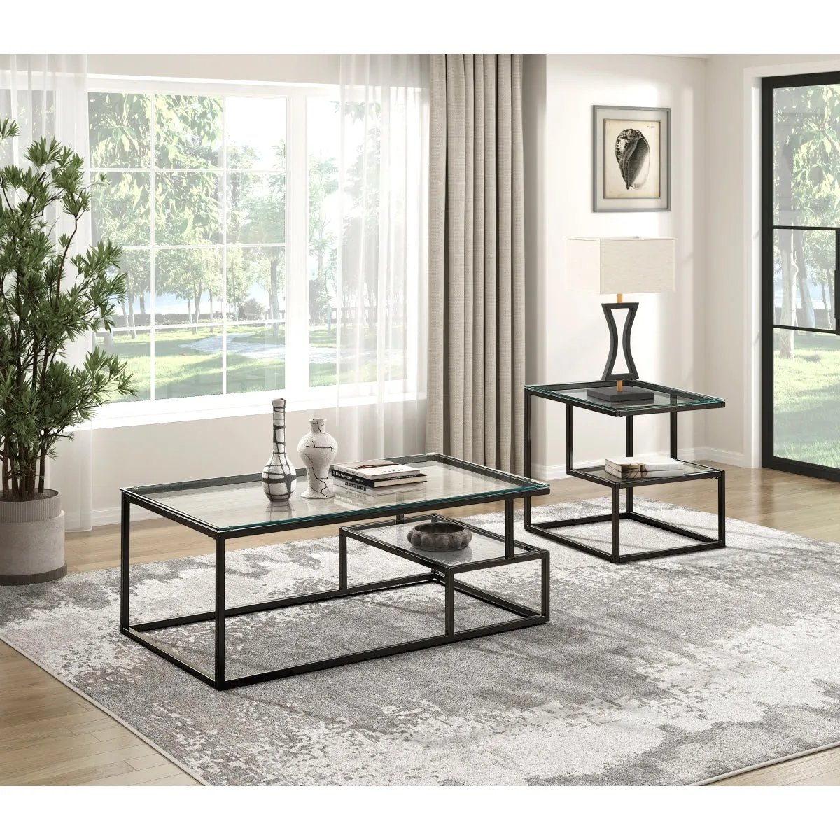 Contemporary Glass & Black Metal End Table with Geometric Frame