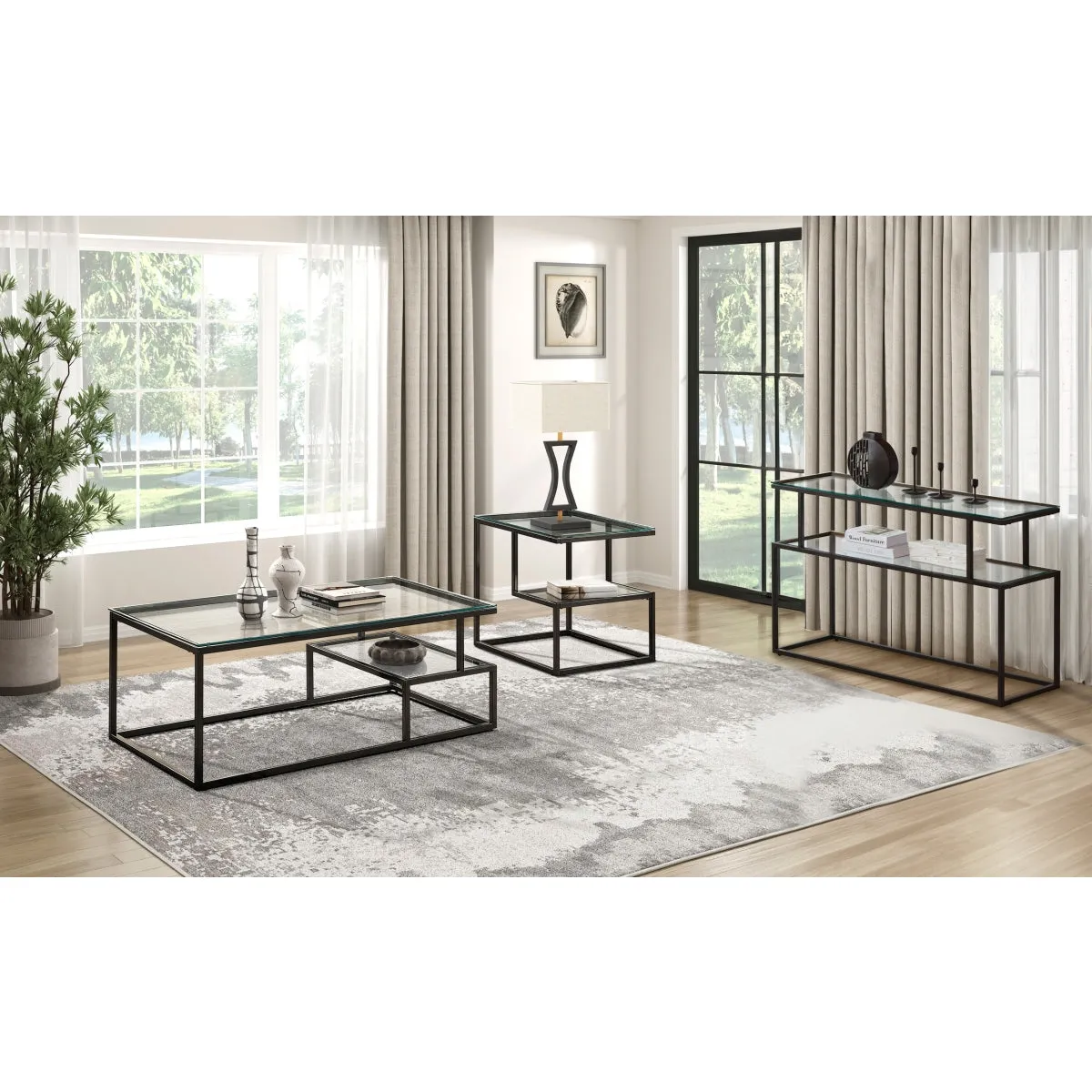 Contemporary Glass & Black Metal End Table with Geometric Frame