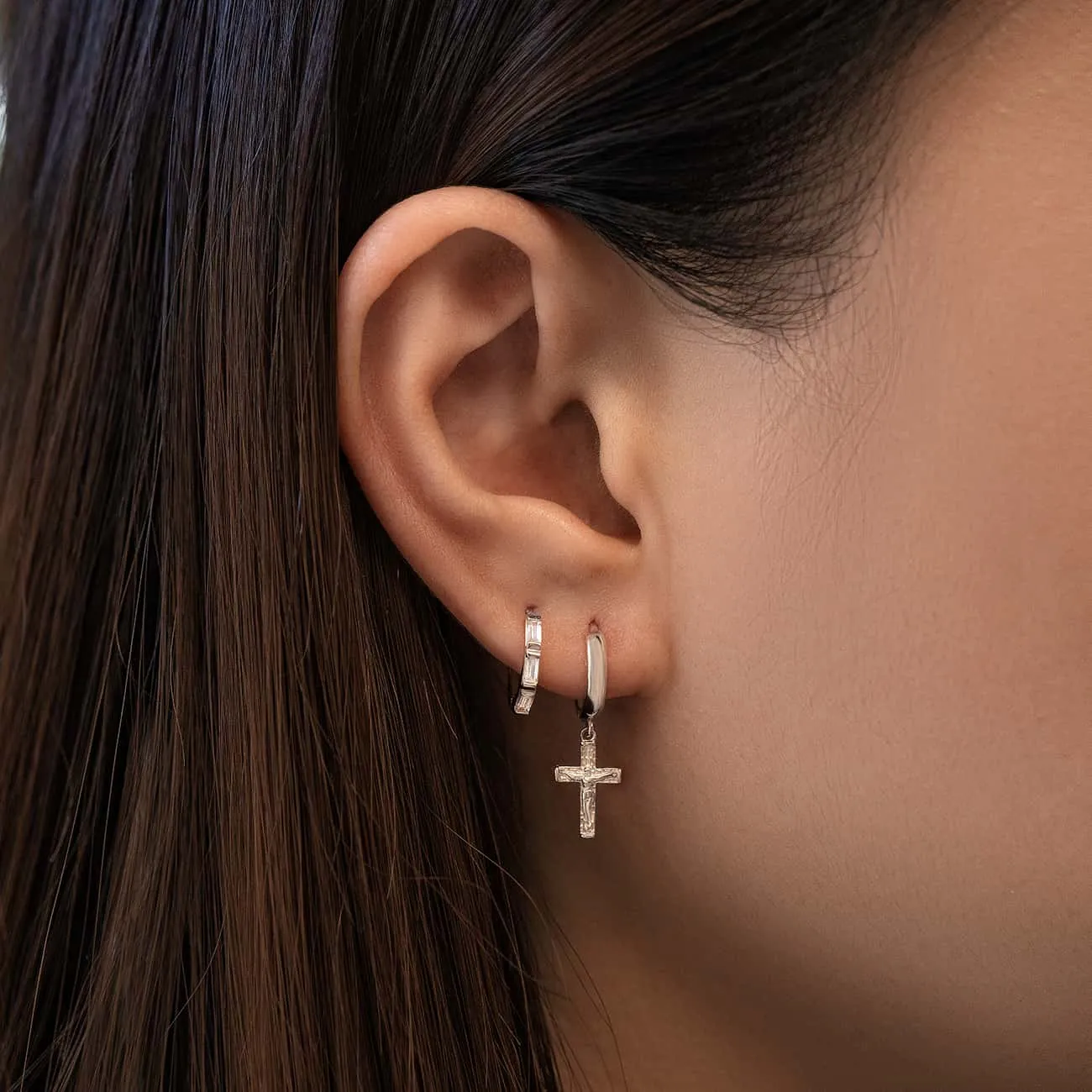 Cross Drop Huggie Earrings