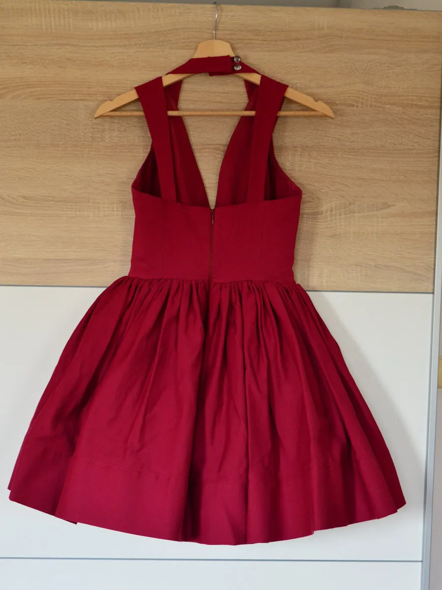 Cute V Neck Backless Layered Burgundy Short Prom Homecoming, Backless Burgundy Formal Graduation Evening, Burgundy Cocktail