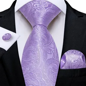 DiBanGu Light Pastel Purple Paisley Silk Mens Tie Pocket Square Cufflinks Set