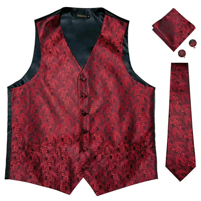 DiBanGu Mens Suit Vest Deep Red Paisley Jacquard Silk Waistcoat Vest Tie Pocket Square Cufflinks Set