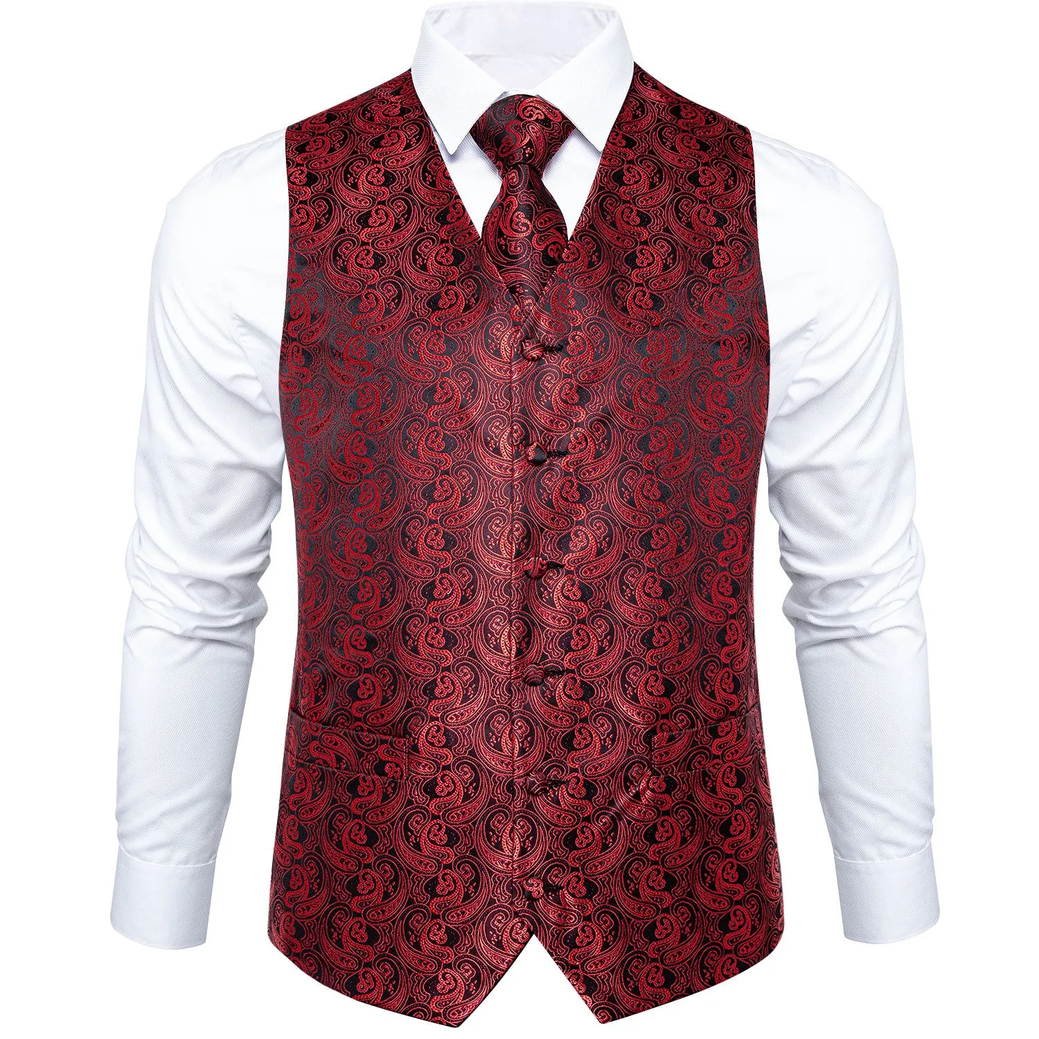 DiBanGu Mens Suit Vest Deep Red Paisley Jacquard Silk Waistcoat Vest Tie Pocket Square Cufflinks Set