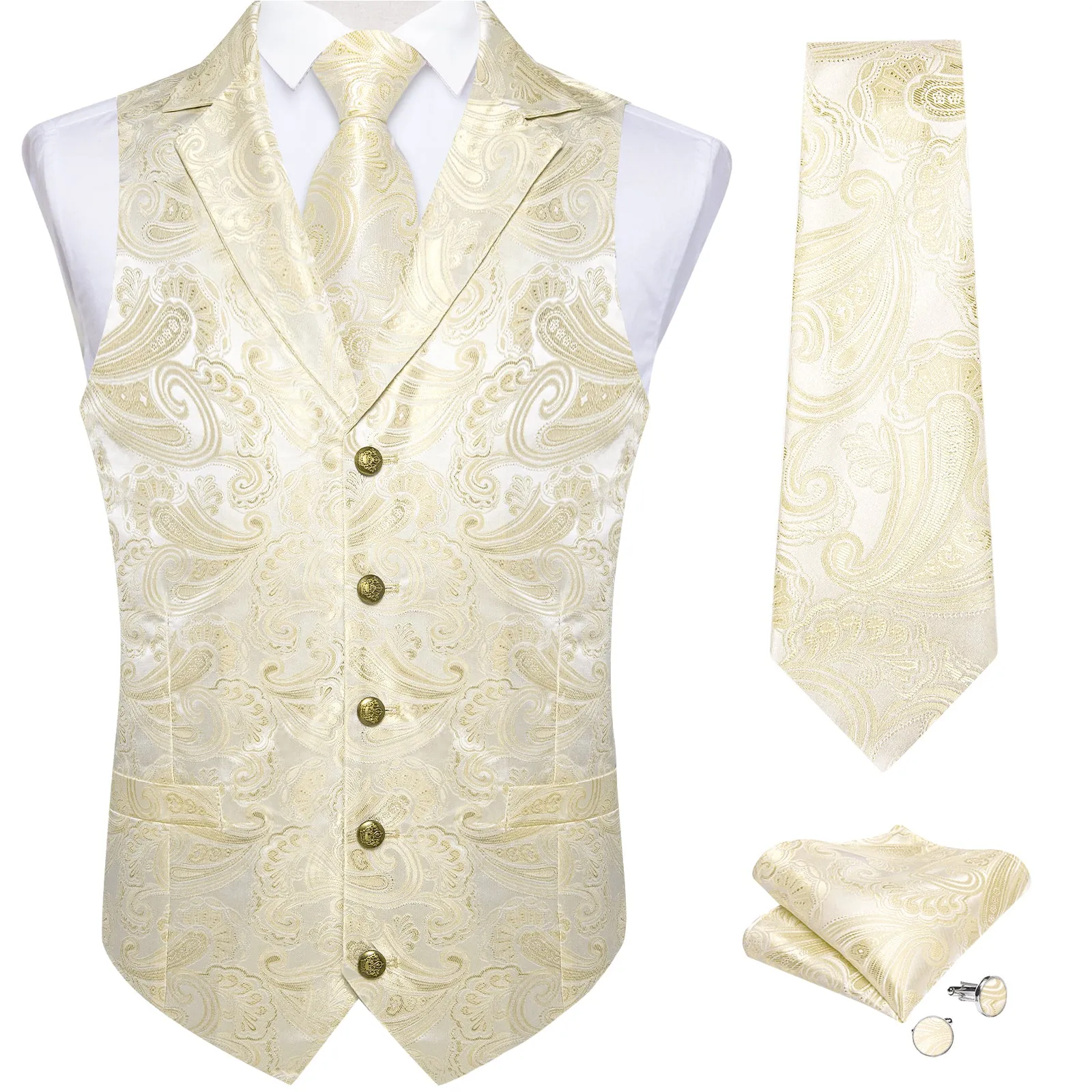 DiBanGu Notched Collar Vest Champagne Floral V Neck Mens Waistcoat Vest Tie Set