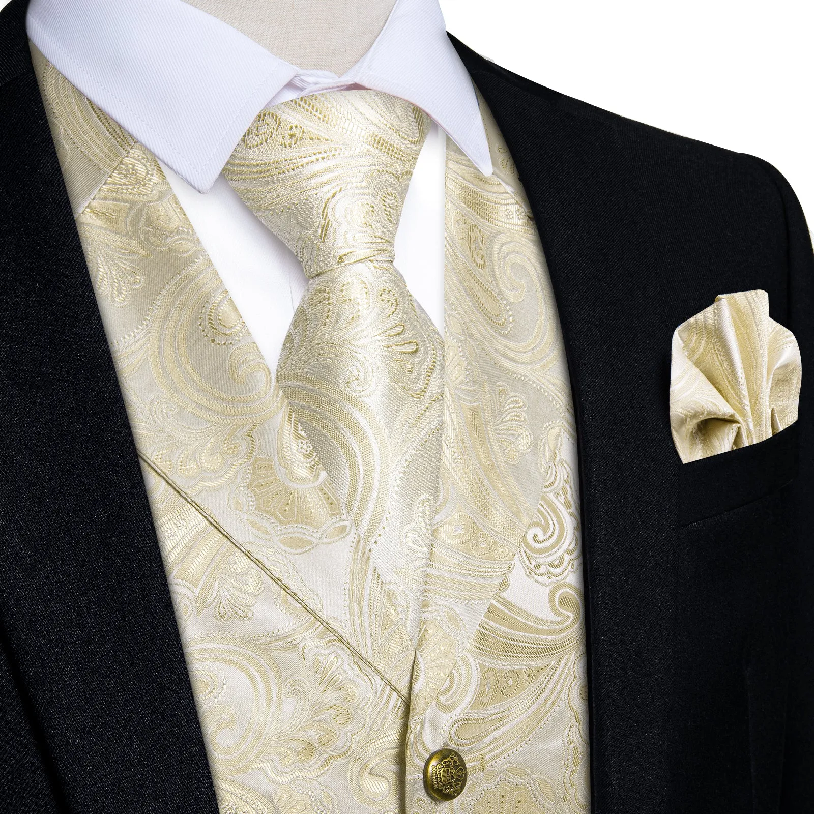 DiBanGu Notched Collar Vest Champagne Floral V Neck Mens Waistcoat Vest Tie Set