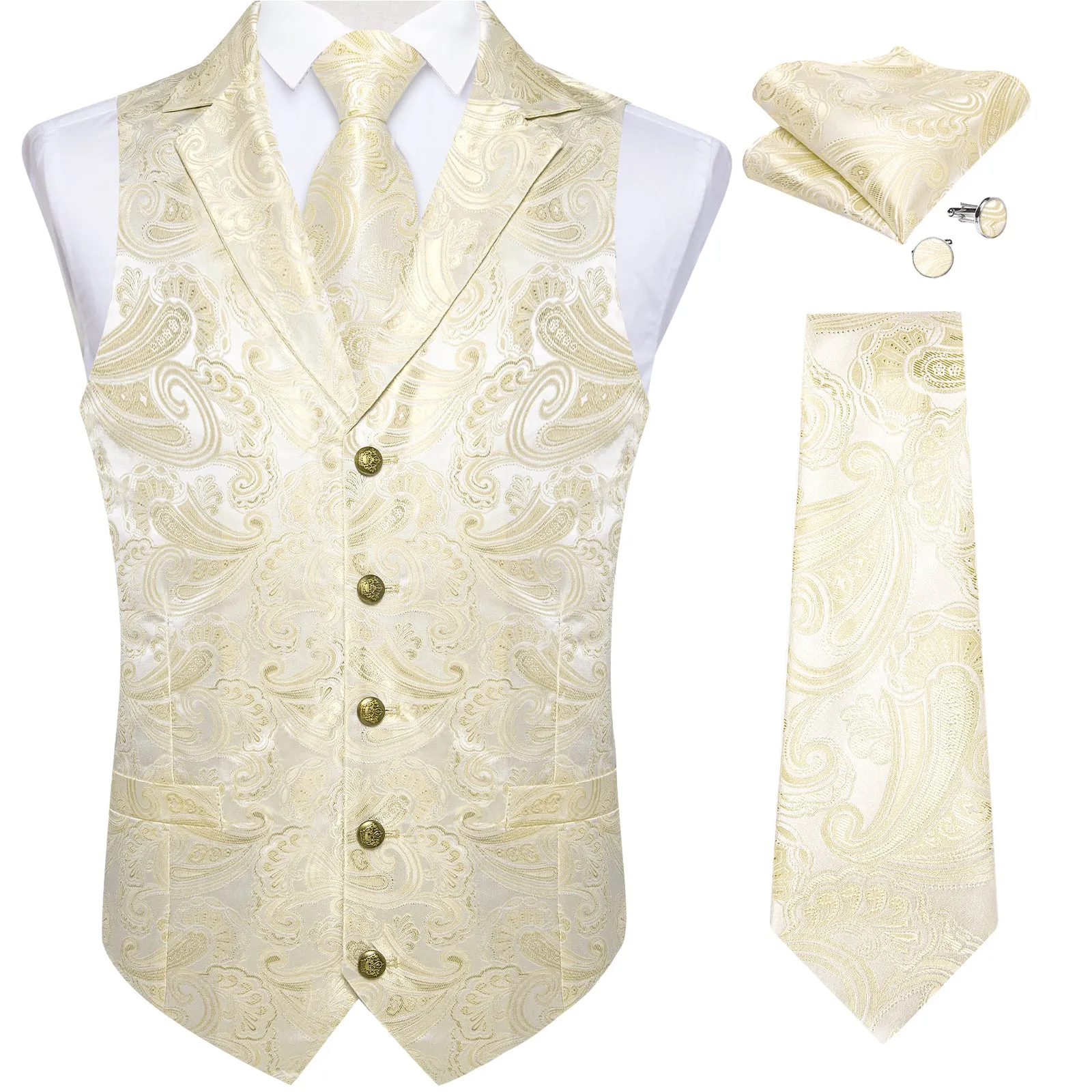 DiBanGu Notched Collar Vest Champagne Floral V Neck Mens Waistcoat Vest Tie Set