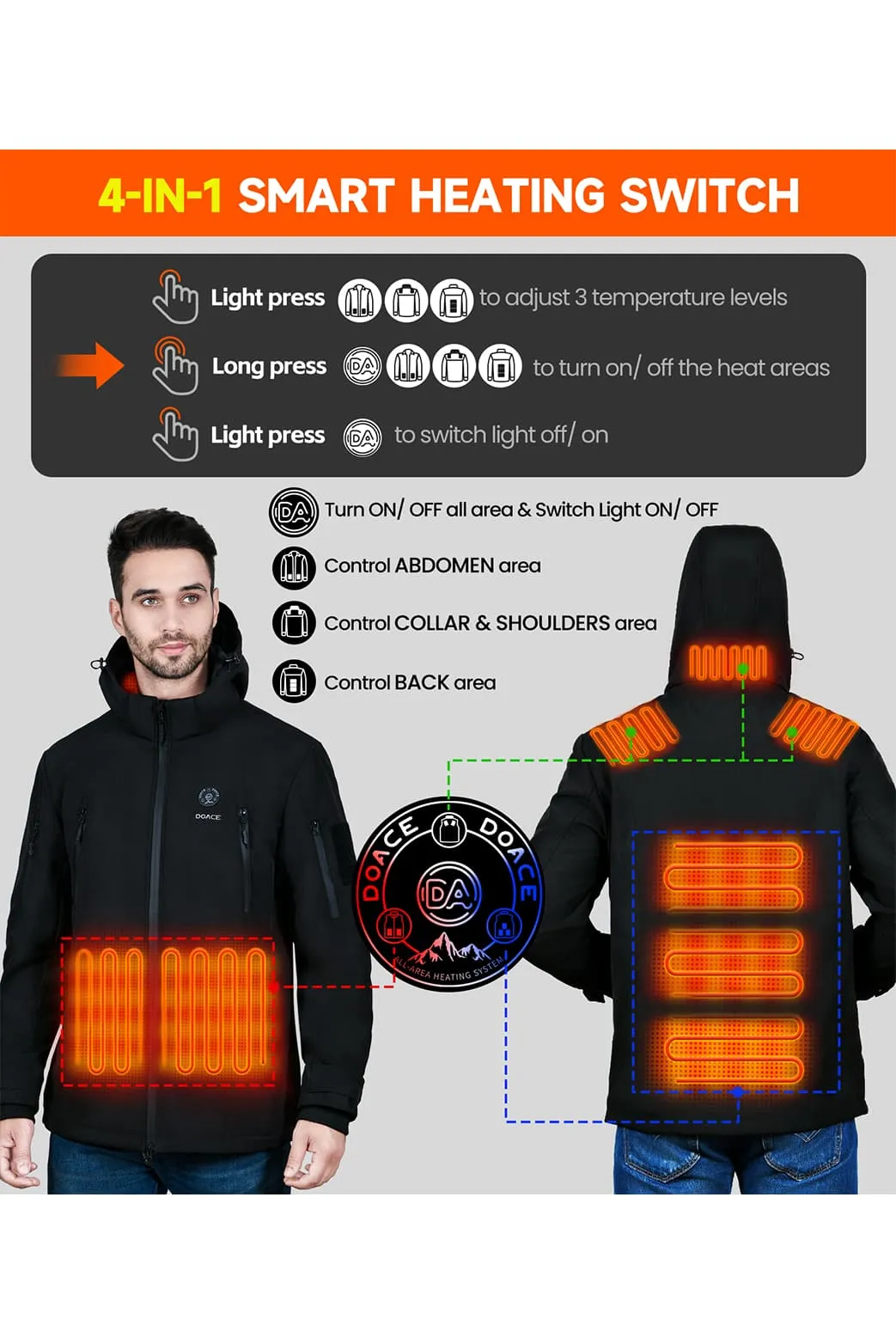 DOACE 12V Soft Shell Heated Jacket for Men and Women with14400mAh Battery Pack