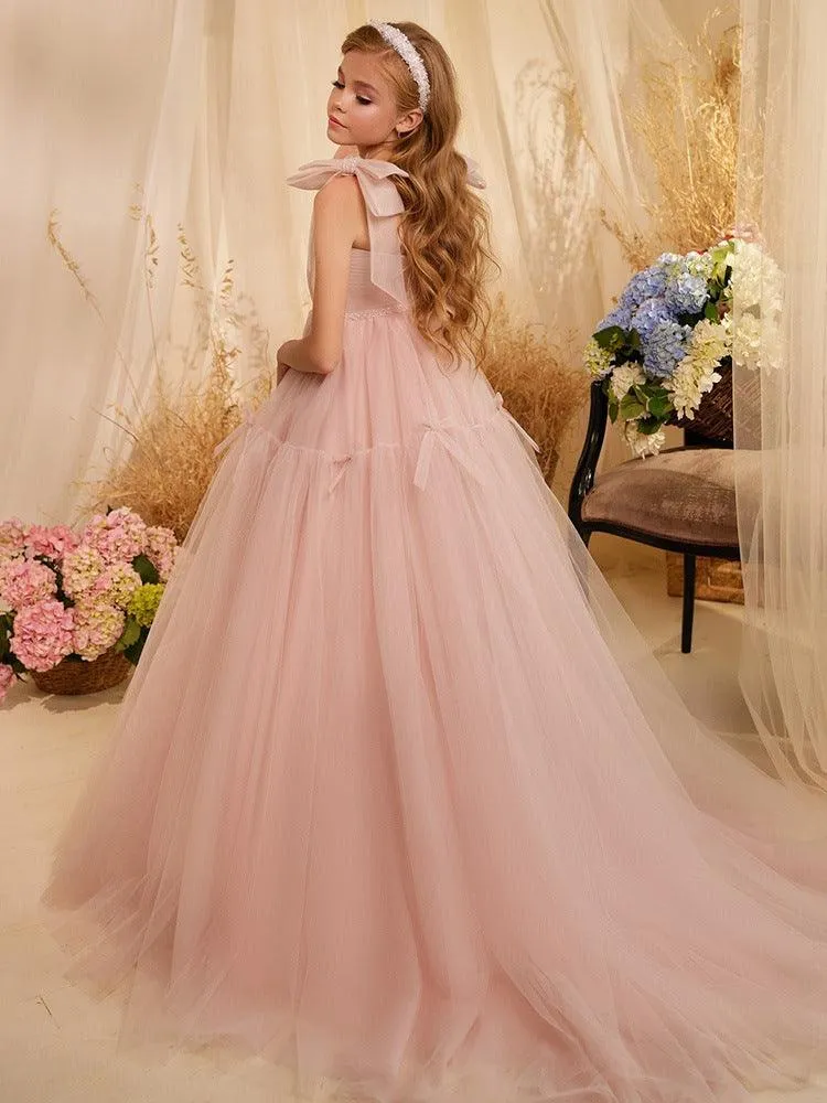 Elegant Pink Fairy Dress Dreamy Princess Gown Sweet Bow-Decorated Dress