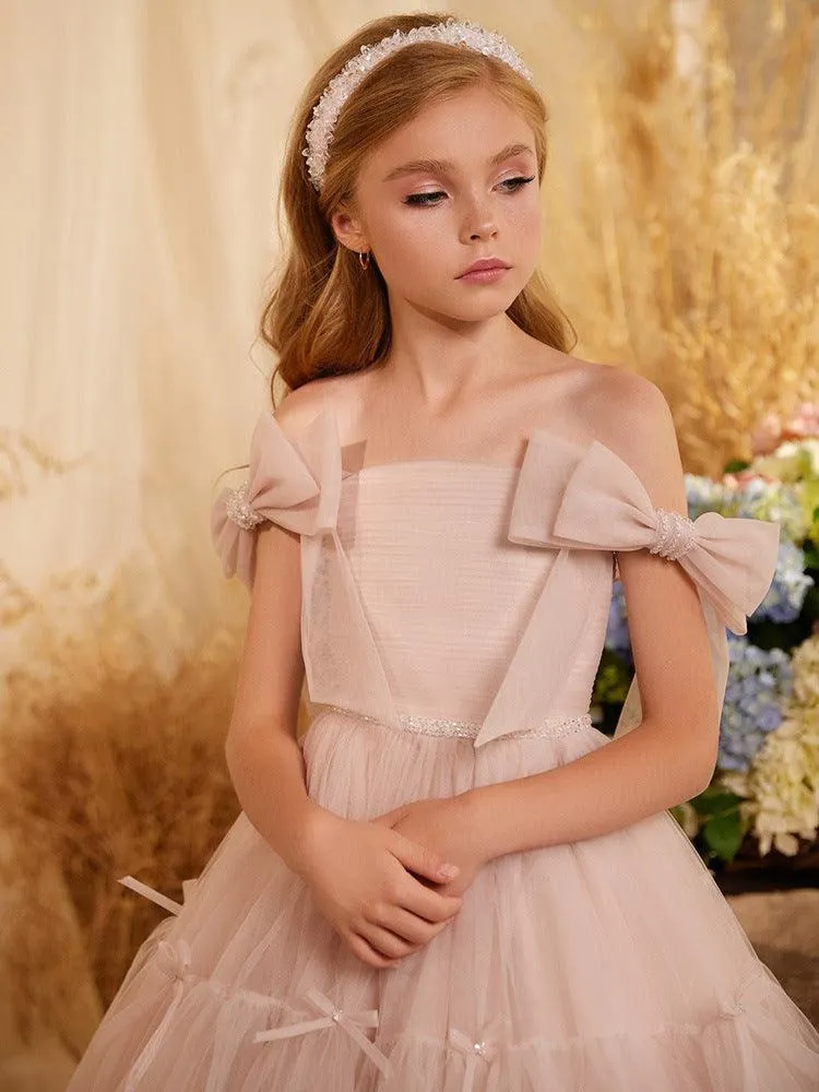 Elegant Pink Fairy Dress Dreamy Princess Gown Sweet Bow-Decorated Dress