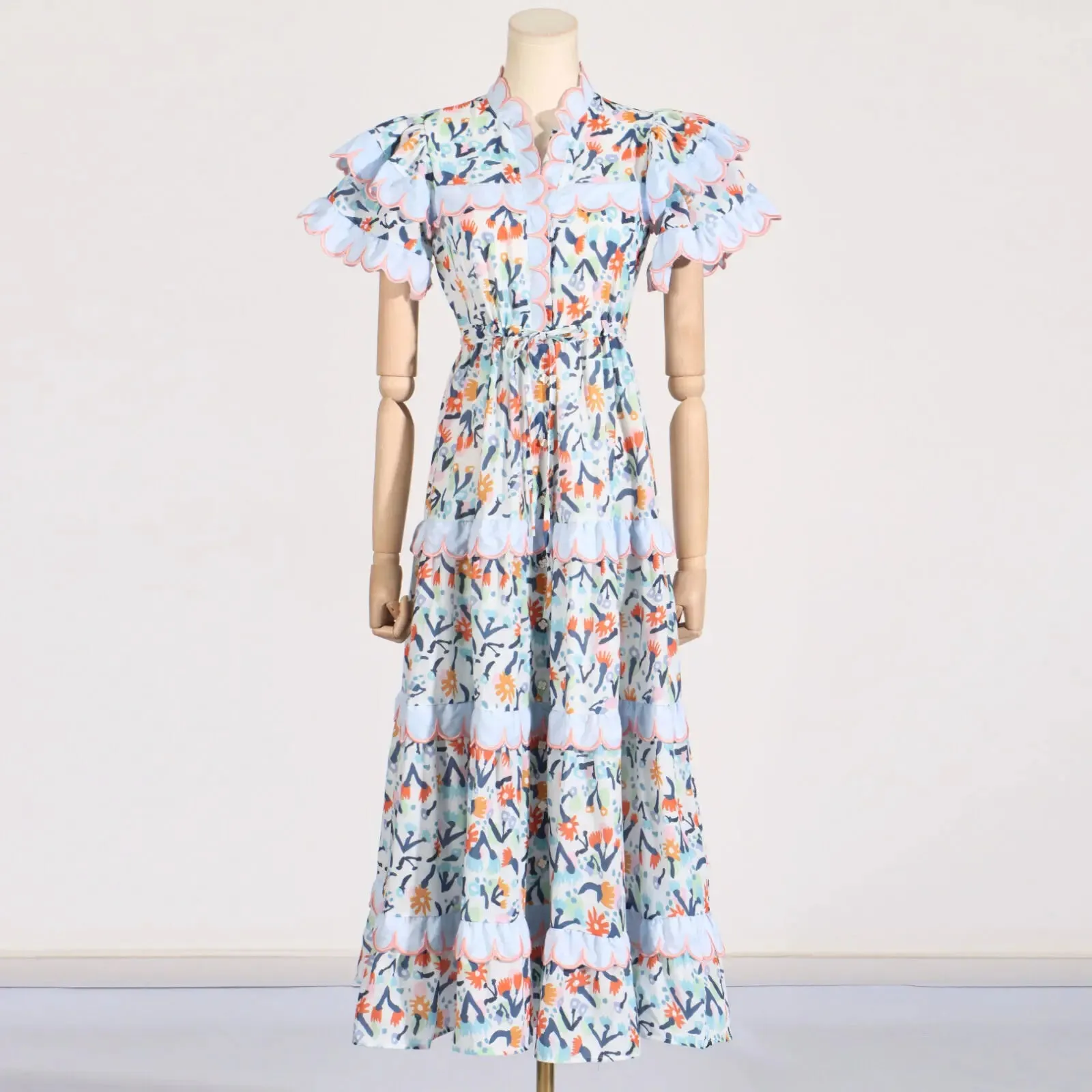 Elegant Printing Tunic Long Dresses For Women V Neck Flying Sleeve High Waist Patchwork Ruffles Dress Female Fashion Style