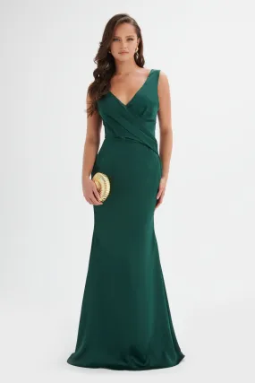 ELLE Draped Wrap Satin Maxi Dress in Emerald Green