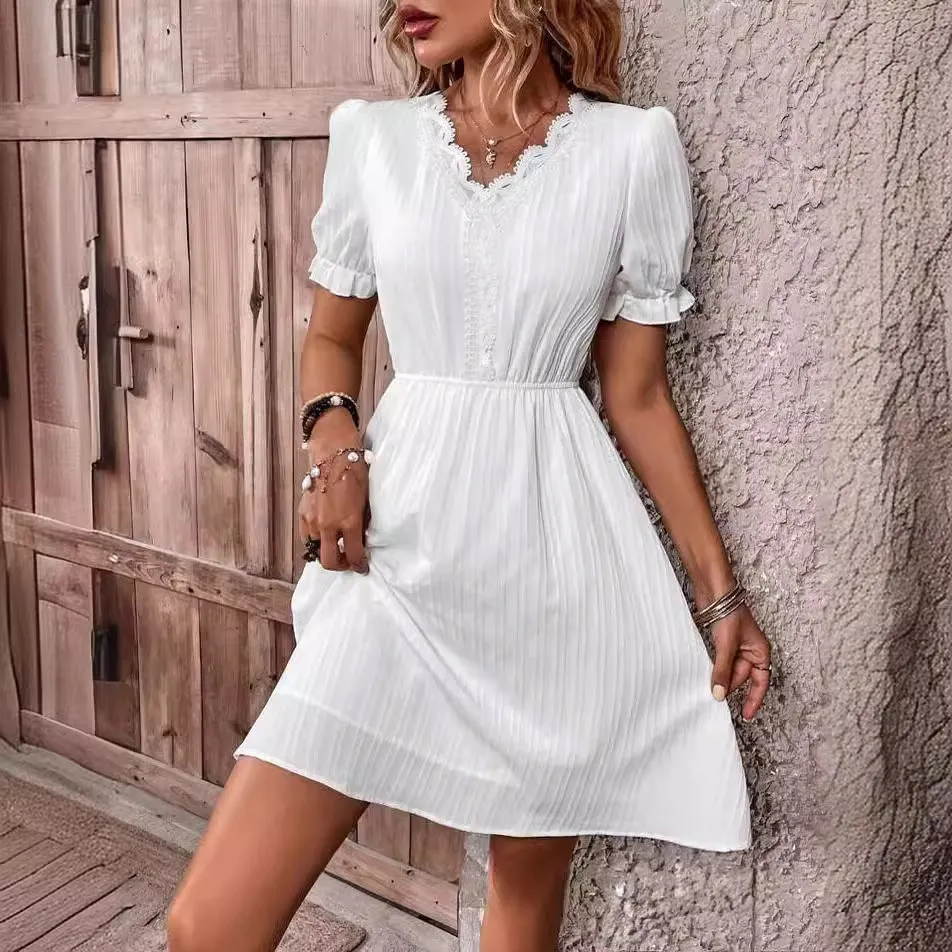 Embroidered V-neck Lace Patchwork Midi Dress