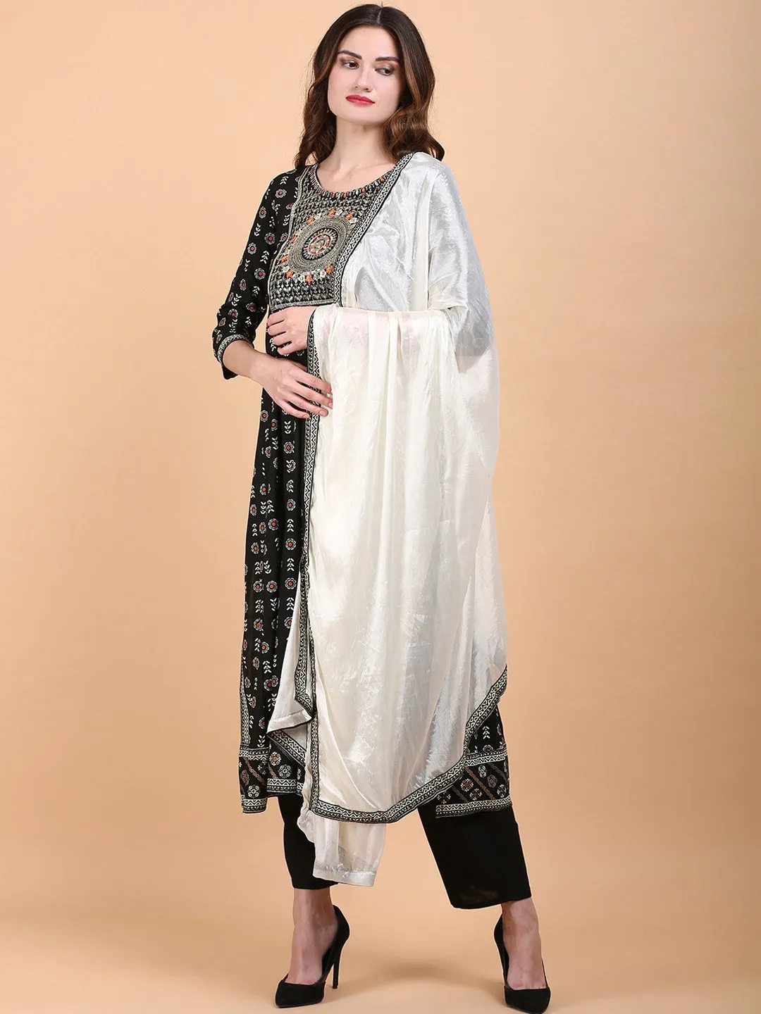 Ethnic Motif Printed Thread Work High Slit Straight Kurta With Trousers & Dupatta