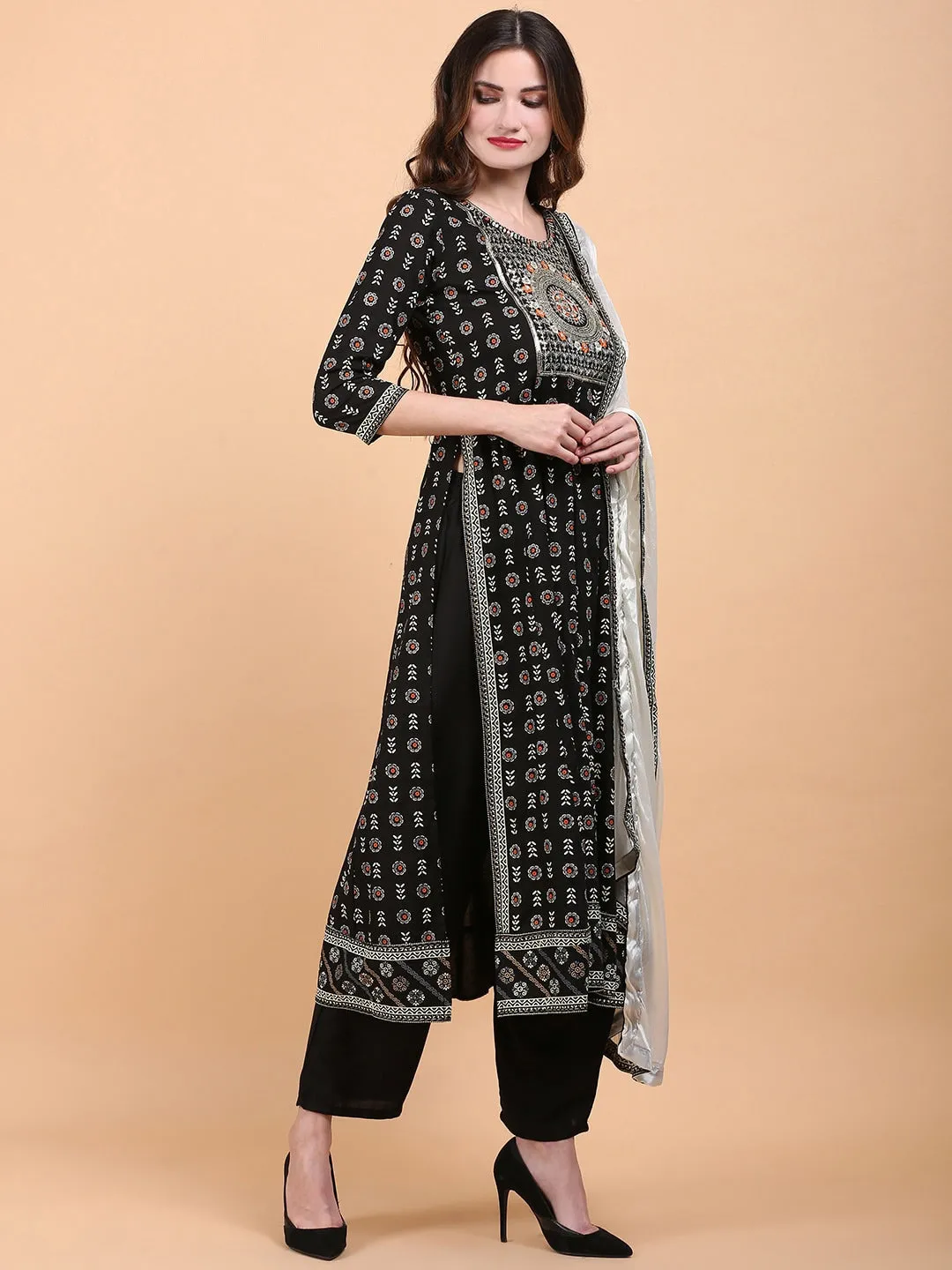 Ethnic Motif Printed Thread Work High Slit Straight Kurta With Trousers & Dupatta