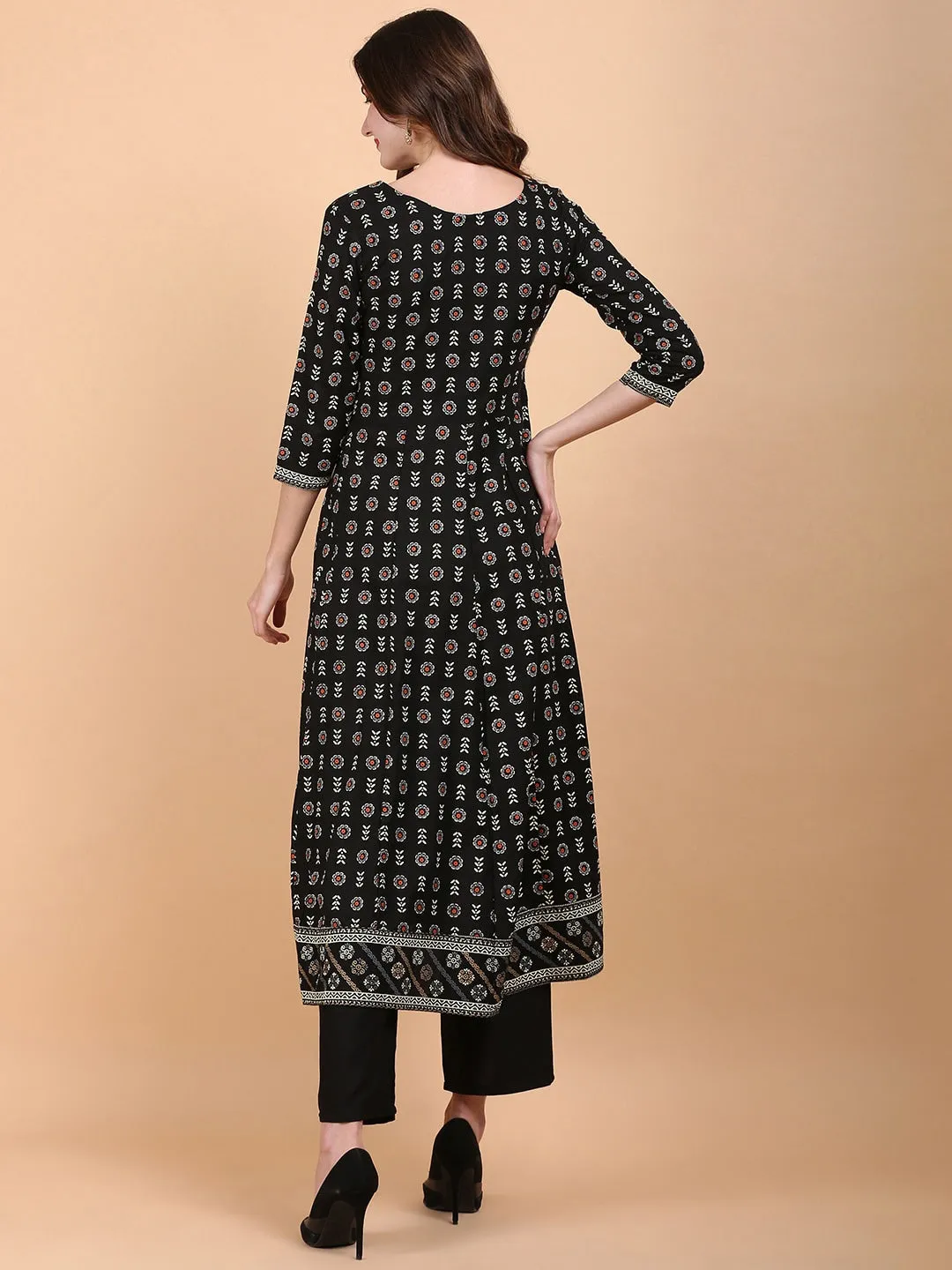 Ethnic Motif Printed Thread Work High Slit Straight Kurta With Trousers & Dupatta