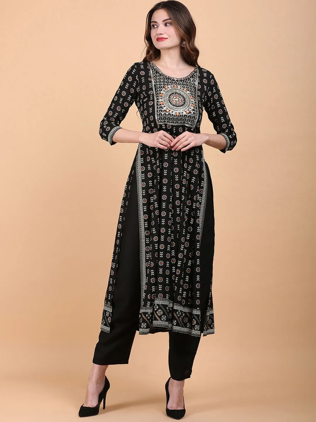 Ethnic Motif Printed Thread Work High Slit Straight Kurta With Trousers & Dupatta