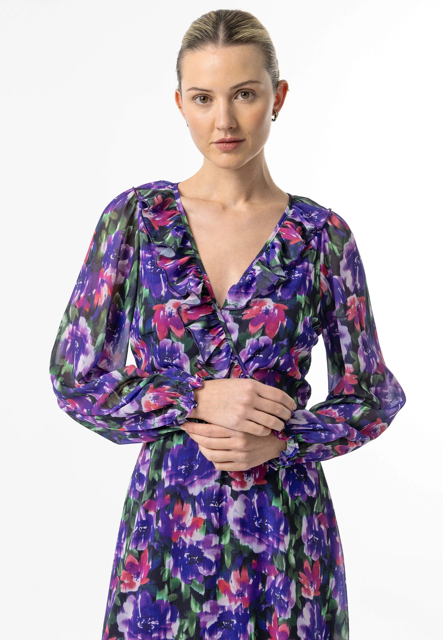 Faux Wrap Ruffle Detail Midi Dress in Purple Floral Print