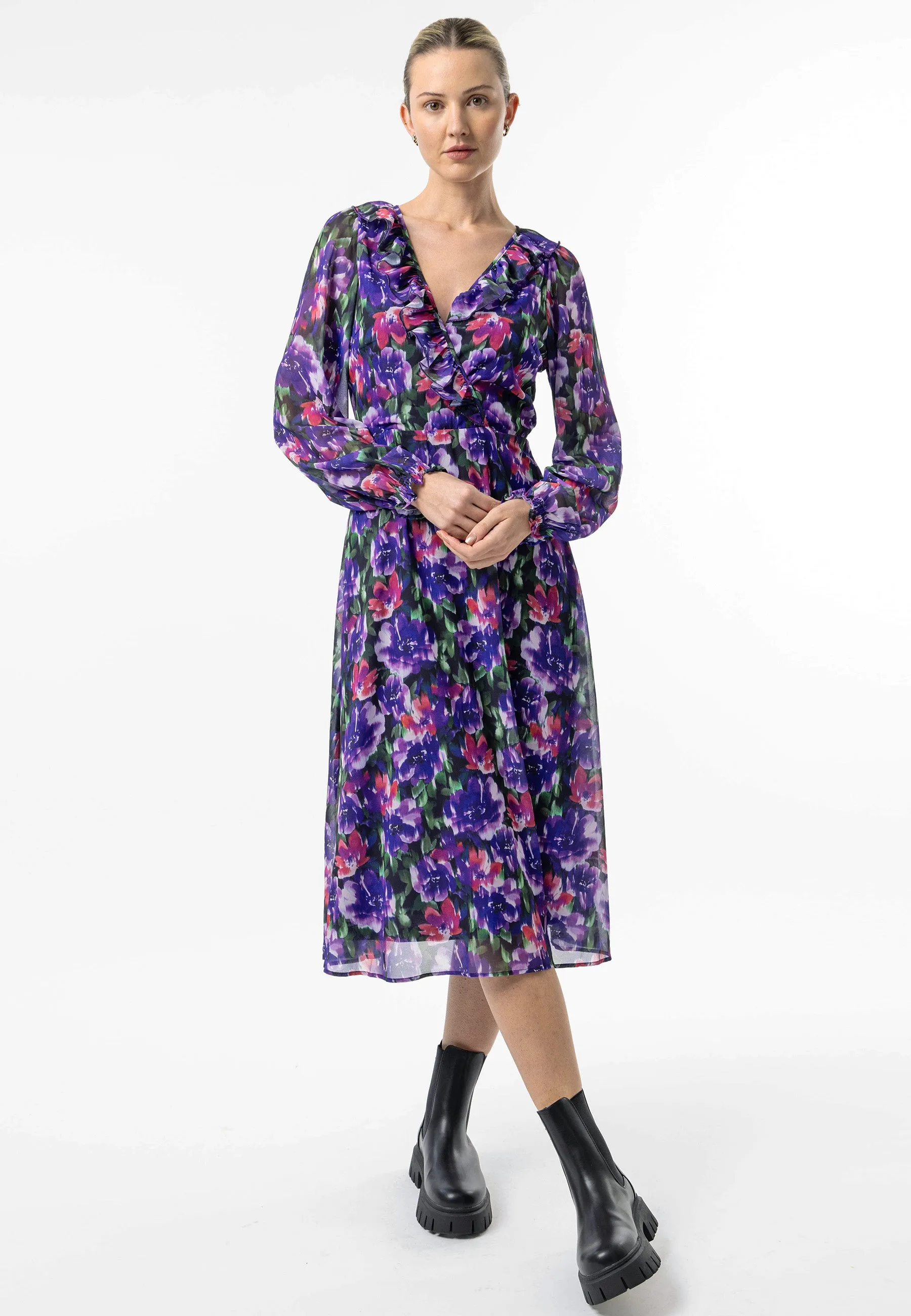 Faux Wrap Ruffle Detail Midi Dress in Purple Floral Print