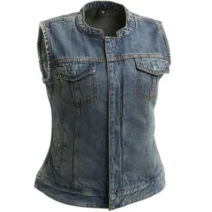 First Mfg Womens Lexy Washed Denim Motorcycle Vest Size MEDIUM - Final Sale Ships Same Day