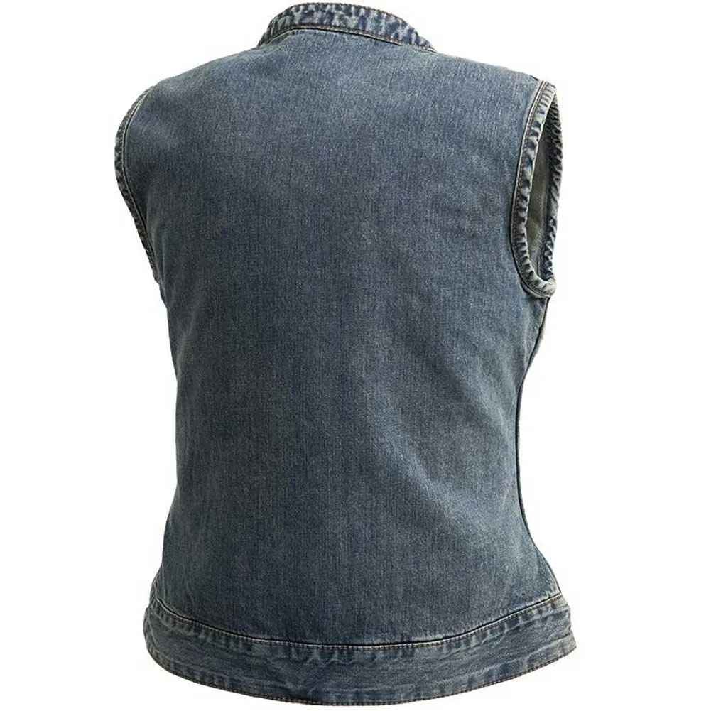 First Mfg Womens Lexy Washed Denim Motorcycle Vest Size MEDIUM - Final Sale Ships Same Day