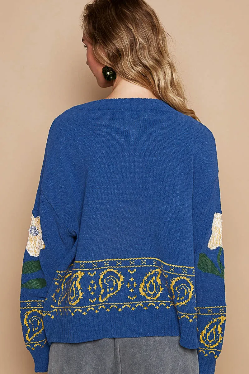 Fleurette Boho Flower Lace Patch Long Sleeve Sweater