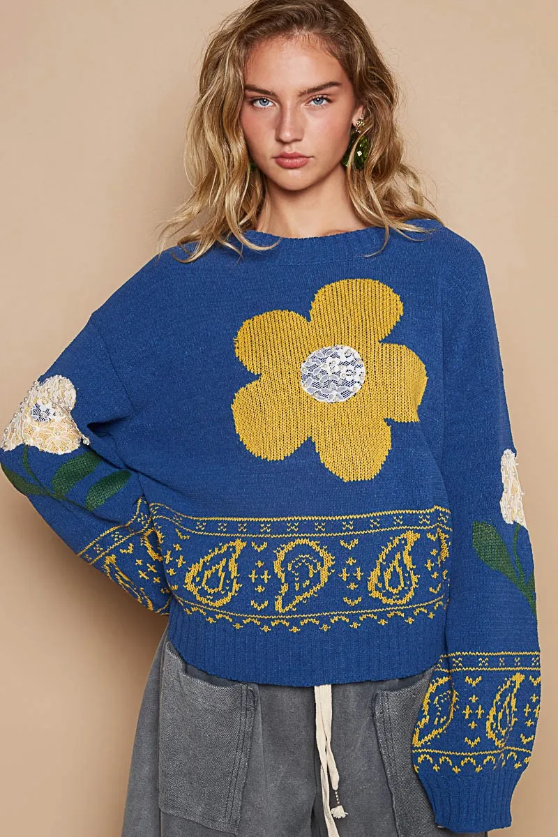 Fleurette Boho Flower Lace Patch Long Sleeve Sweater