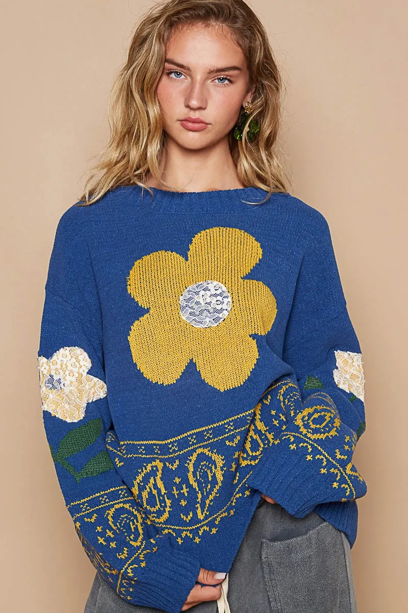 Fleurette Boho Flower Lace Patch Long Sleeve Sweater