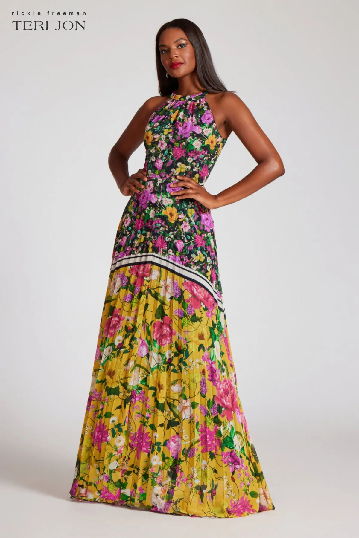 Floral Pleated Halter Neck Gown