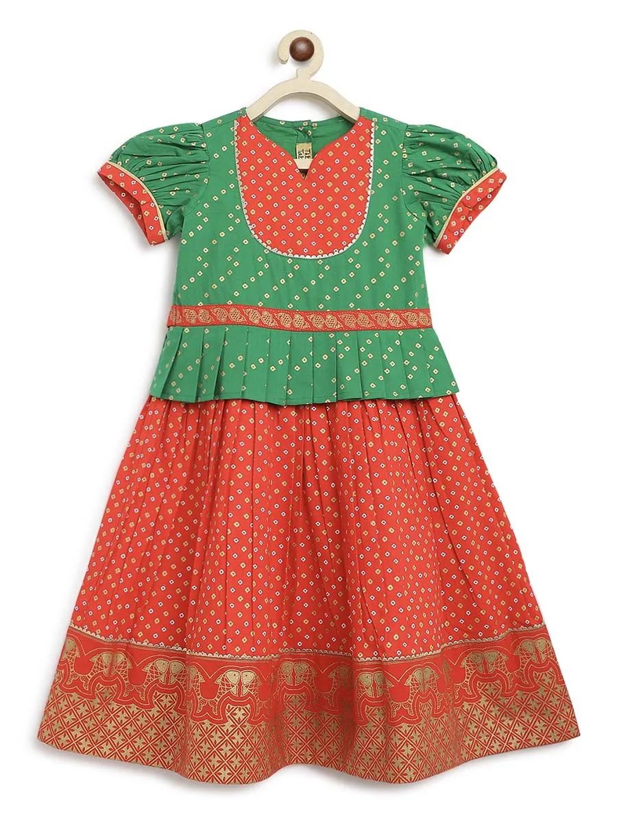 Girl Bandhani Pattu Pavdai-Green