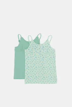 Girls Green Solid And Printed Sleeveless Vest Set (Pack of 2)