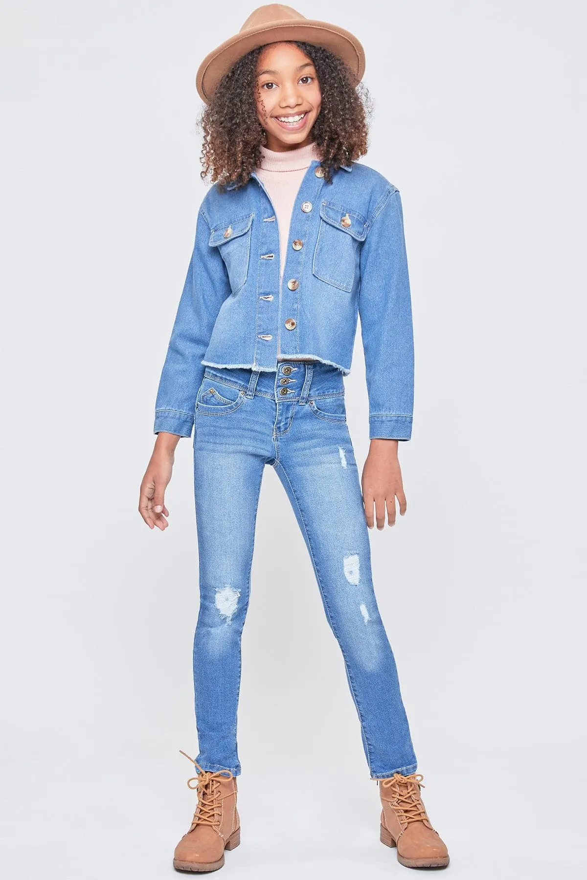 Girls Patch Pocket Oversized Denim Jacket With Fray Hem