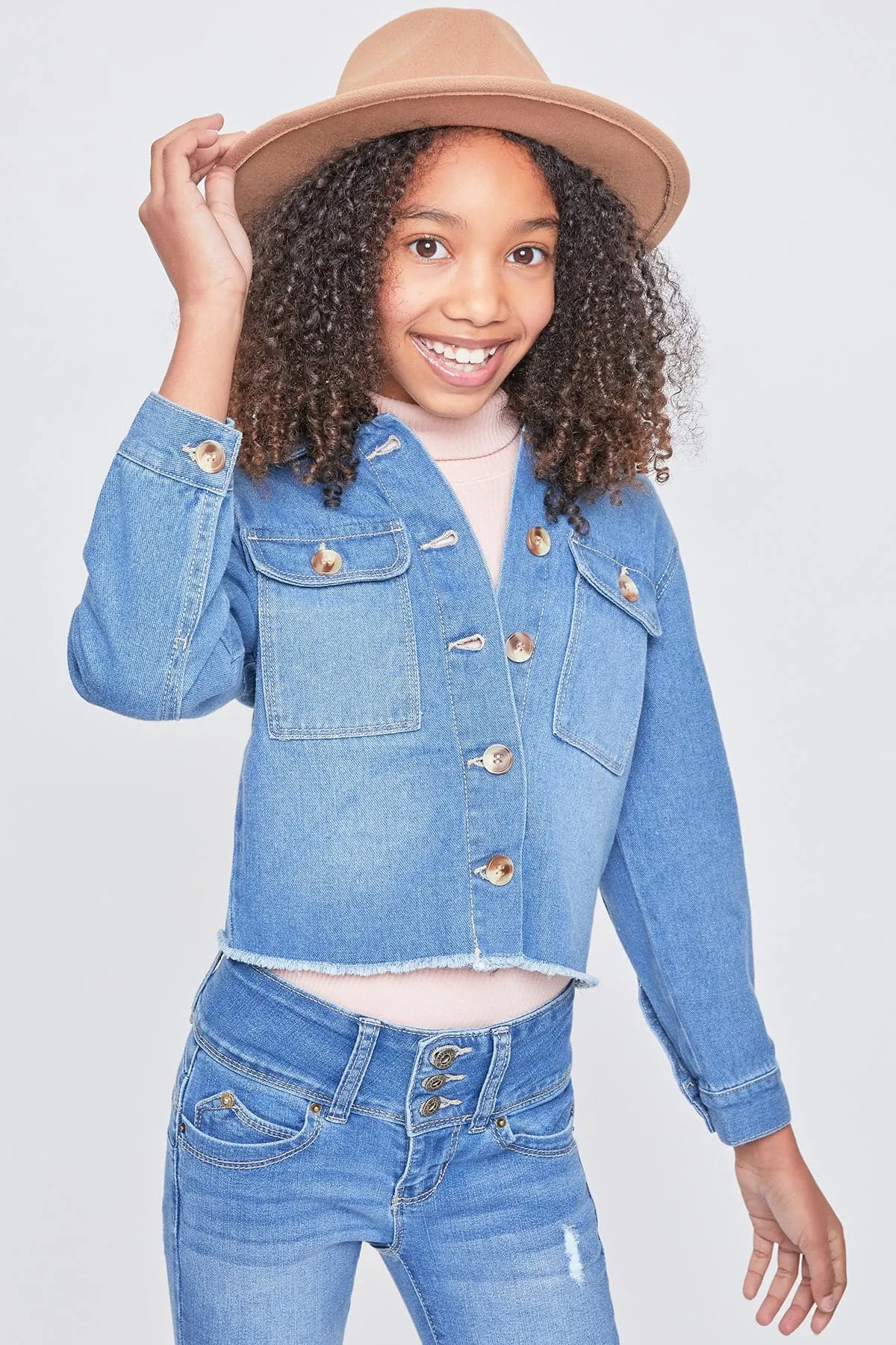 Girls Patch Pocket Oversized Denim Jacket With Fray Hem