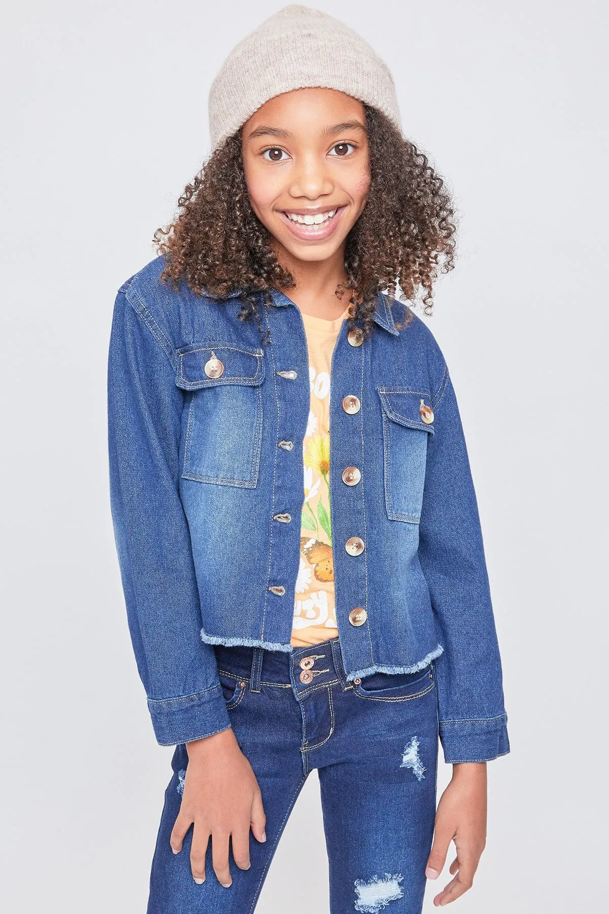 Girls Patch Pocket Oversized Denim Jacket With Fray Hem