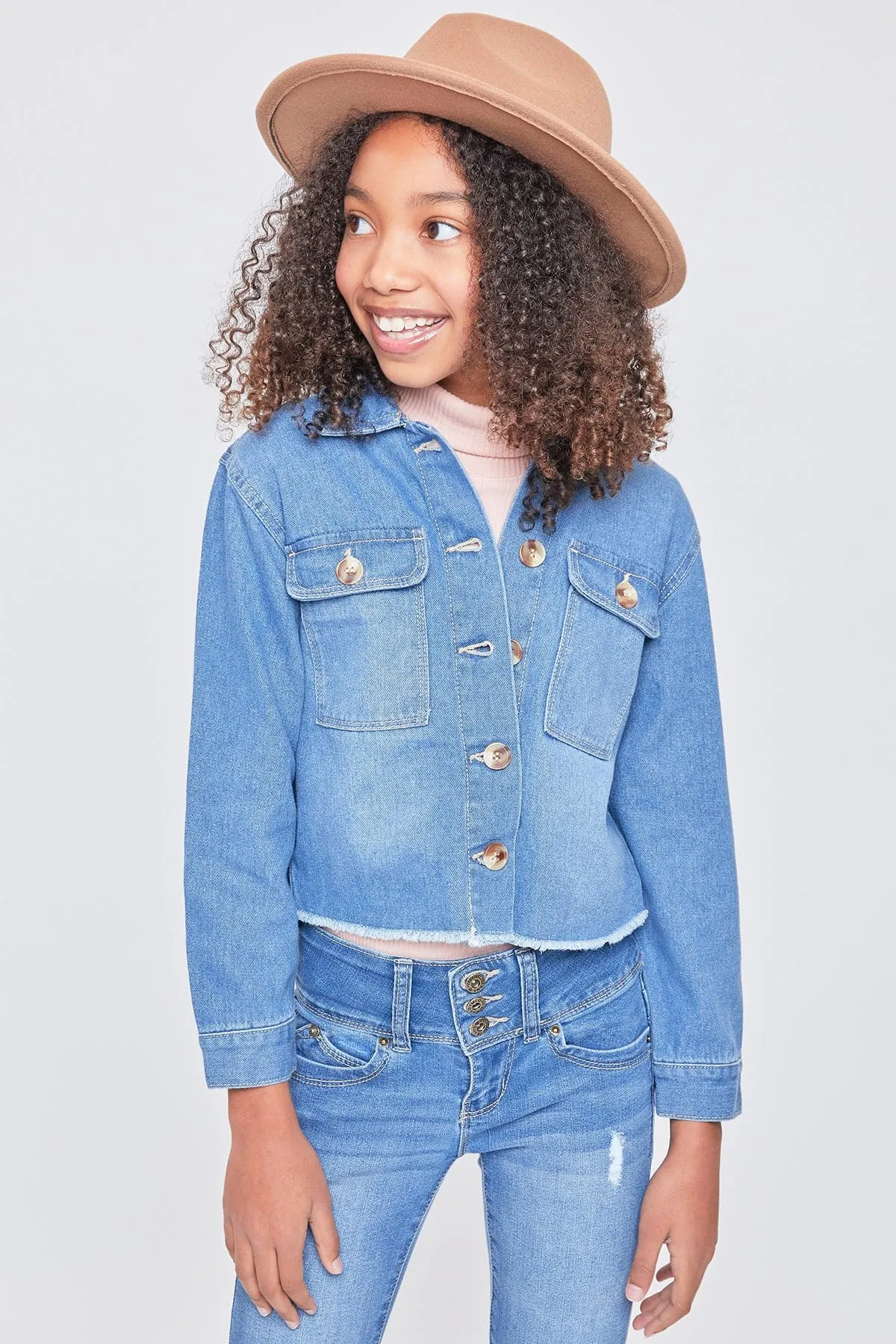 Girls Patch Pocket Oversized Denim Jacket With Fray Hem