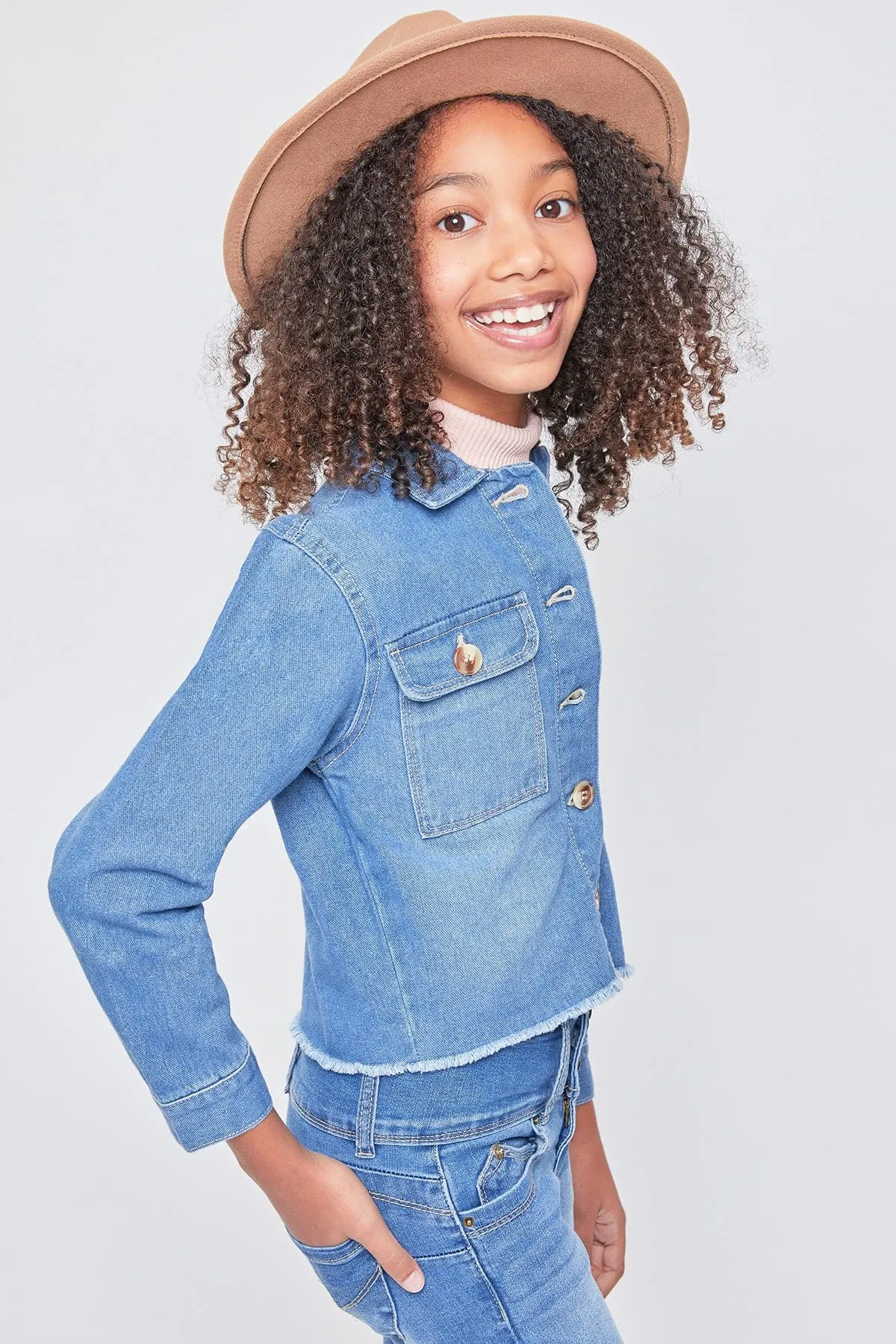 Girls Patch Pocket Oversized Denim Jacket With Fray Hem