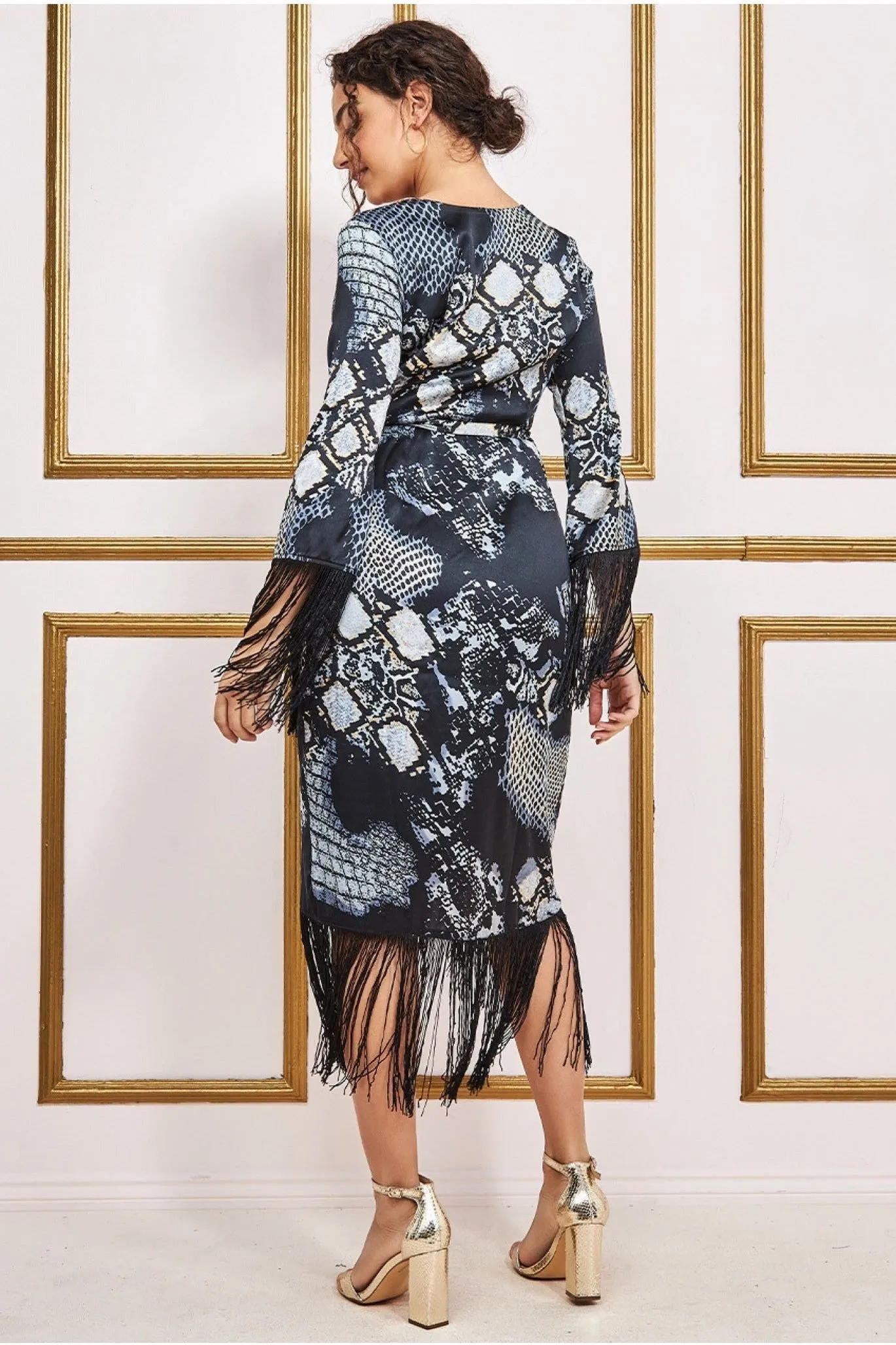 Goddiva Foil Print Wrap Midi With Tassels - Black