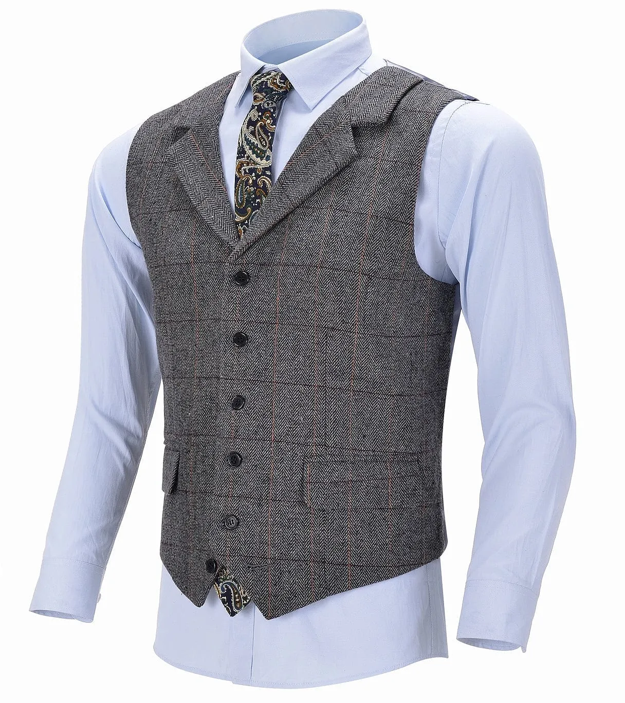 Grey Casual Men's Suit Vest Plaid Notch Lapel Waistcoat