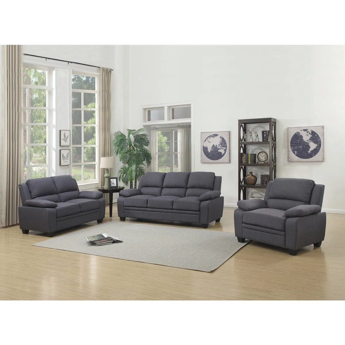 Grey Fabric Love Seat With High Back And Pillows Over The Arms