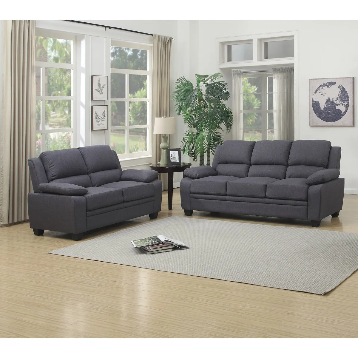 Grey Fabric Love Seat With High Back And Pillows Over The Arms