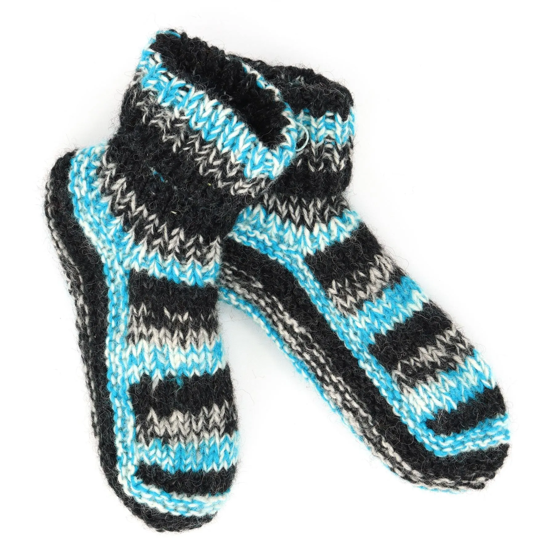 Hand Knitted Wool Slipper Socks - SD Light Blue Charcoal