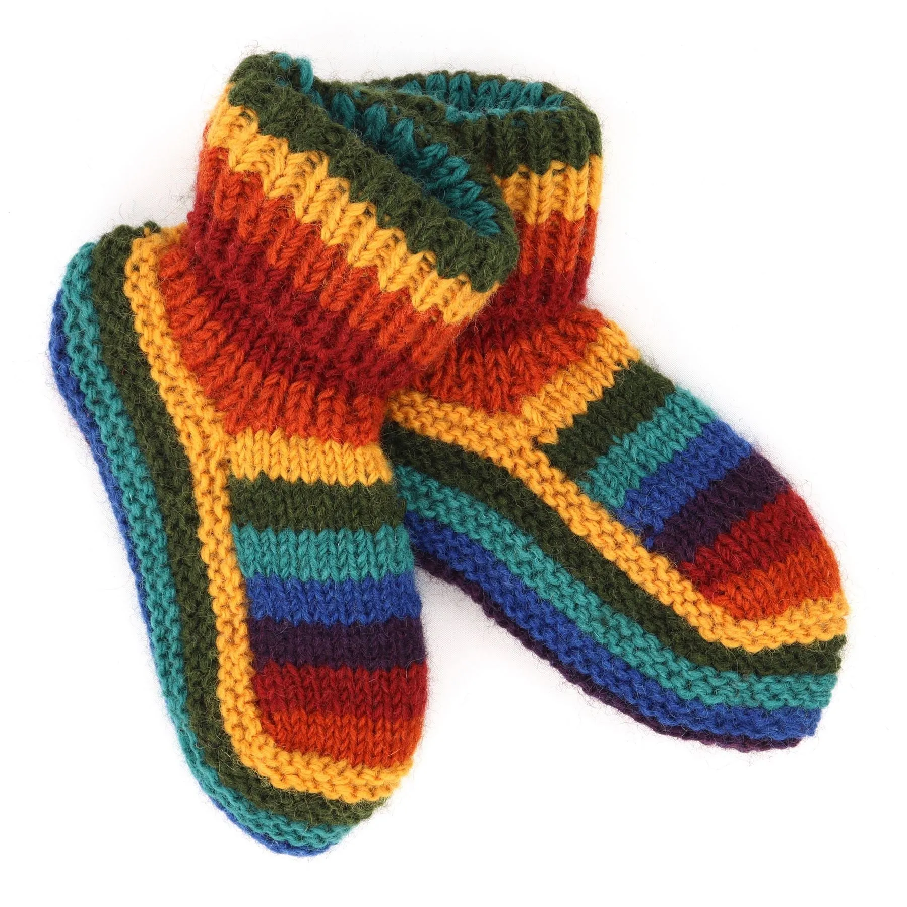 Hand Knitted Wool Slipper Socks - Stripe Dark Rainbow