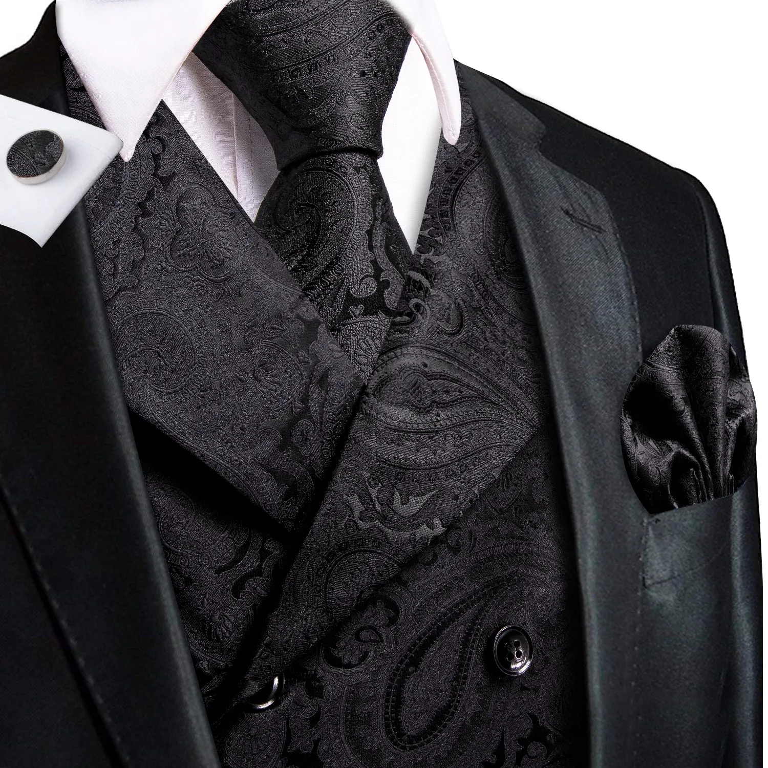 Hi-Tie Black Paisley Jacquard Mens Collar Vest Hanky Cufflinks Tie Set