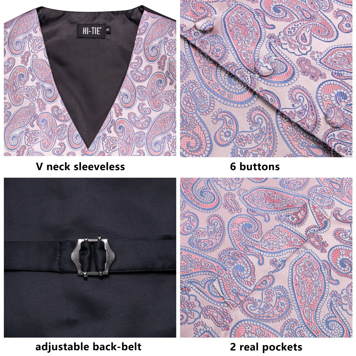 Hi-Tie Light Pink Blue Paisley Men's Vest Hanky Cufflinks Necktie Set