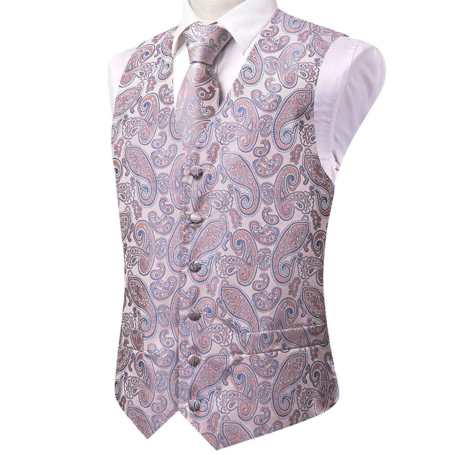 Hi-Tie Light Pink Blue Paisley Men's Vest Hanky Cufflinks Necktie Set